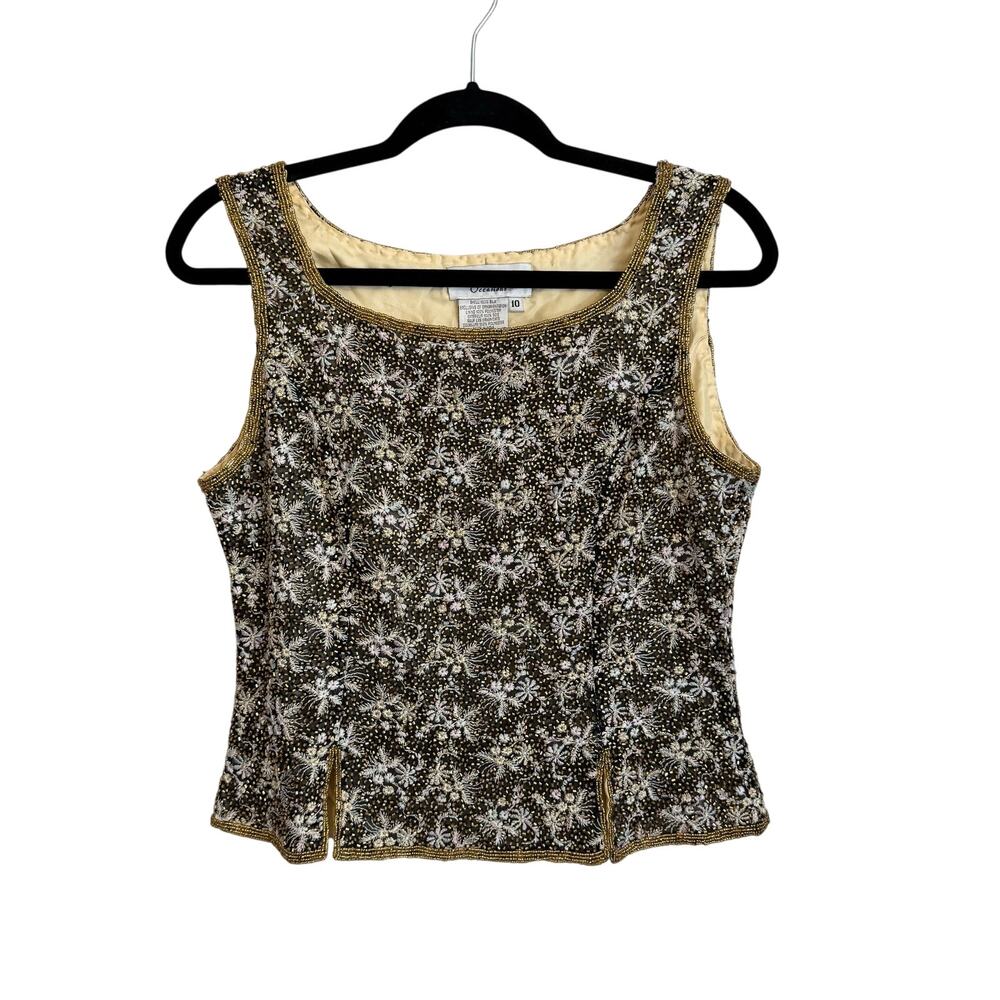 Vintage Adrianna Papell Tank Top Womens 10 Gold Silk Floral Embroidered Beaded